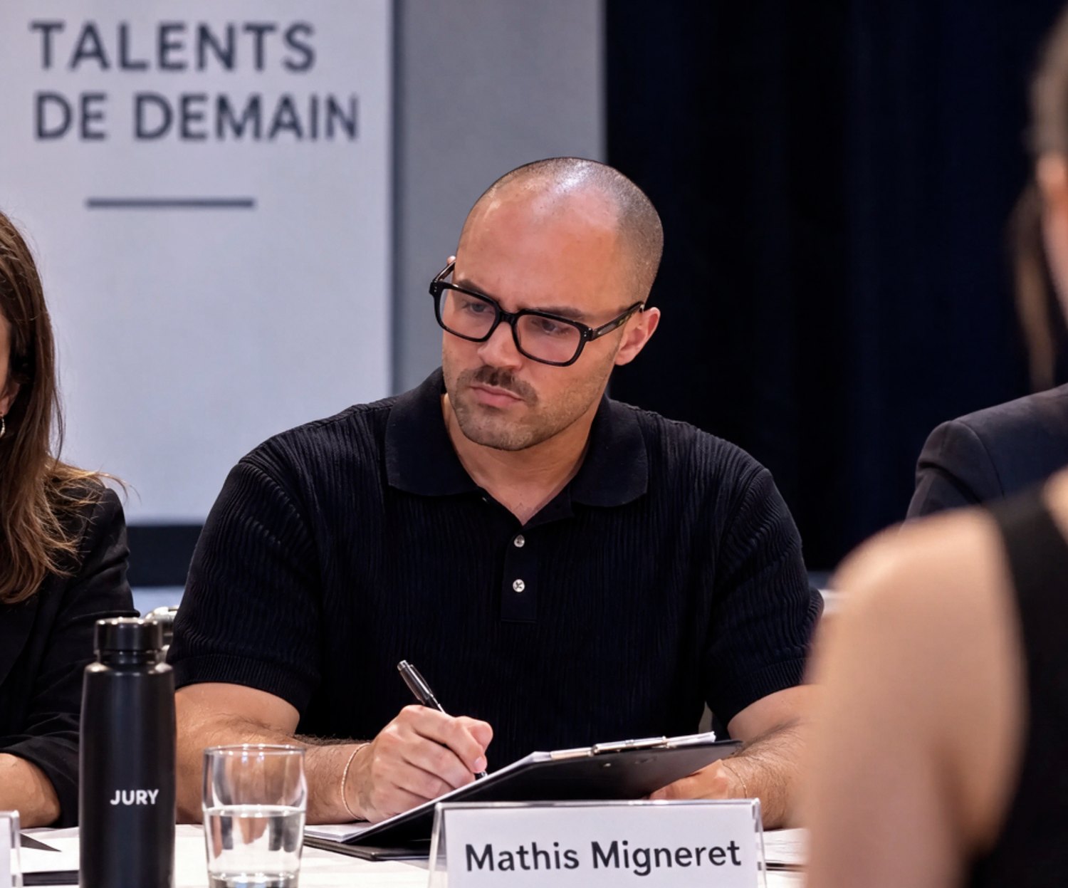 Mathis Migneret siégeant dans un jury, devant un panneau Talents de demain